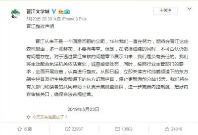 ​因涉嫌传播淫秽色情内容 晋江文学城发布整改声明